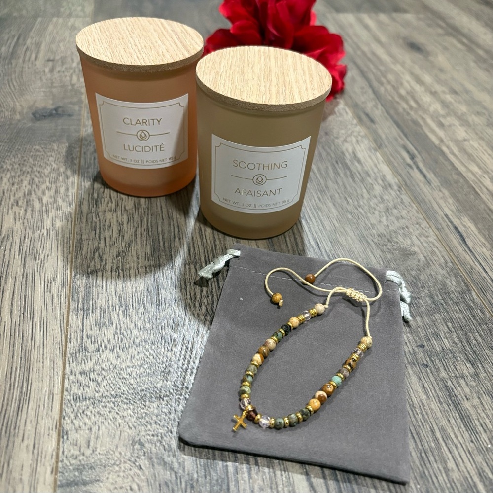 Cross Stone Bracelet Clarity Lucidite & Soothing Apaisant Candles NWT